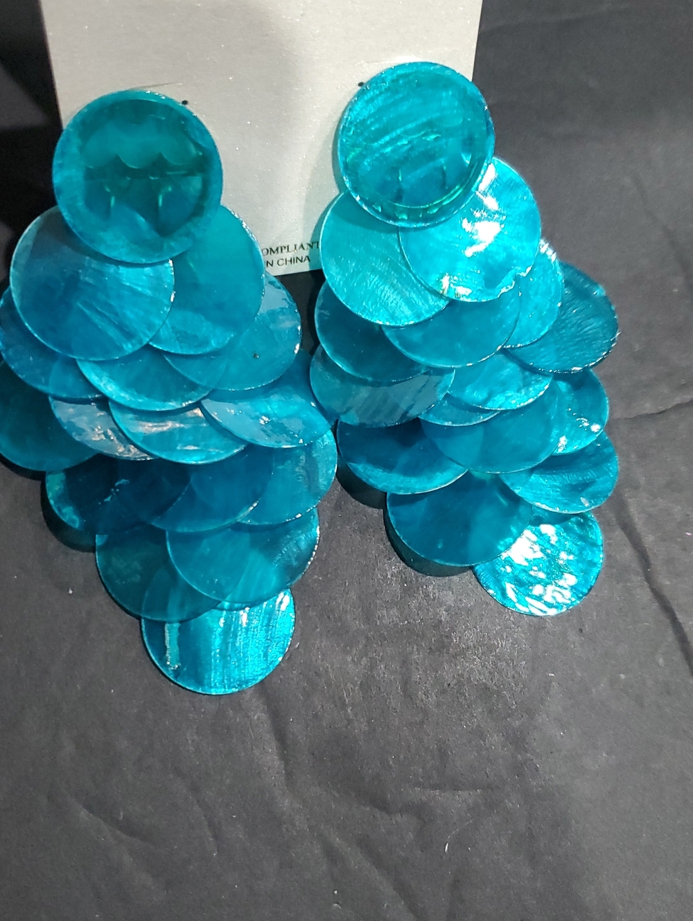 Natasha couture blue turquoise iridescent cascading‎  shell disc scales earrings
